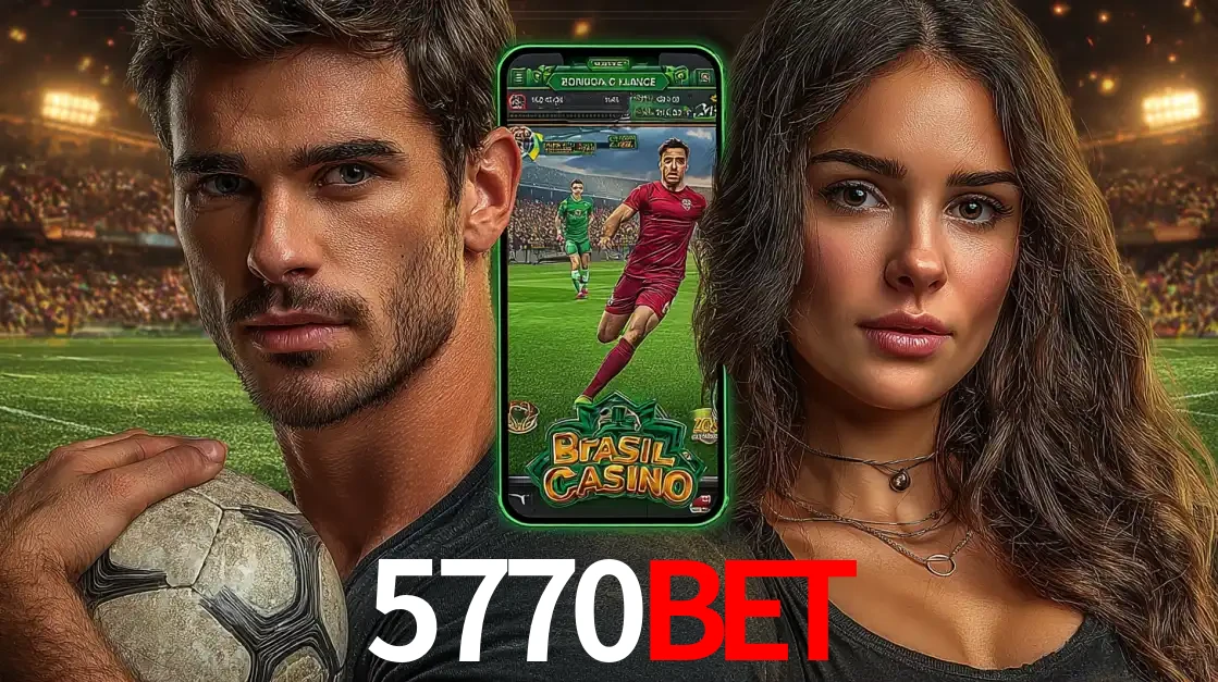 Homem segurando uma bola de futebol e uma mulher ao lado de um smartphone exibindo o jogo de apostas esportivas da 5770BET. Faça seu palpite no cassino online.
